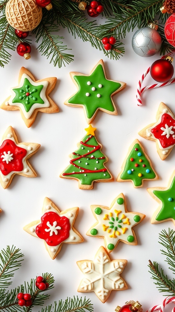 Decorated Christmas sugar cookies in various shapes on a white background, surrounded by holiday decorations.